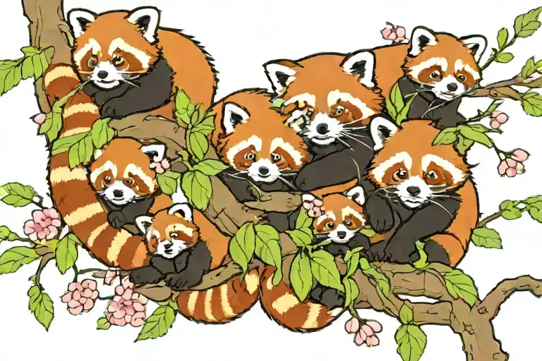 Red Panda Mother And 4 Red Panda Babies On A Cherry Blossom Branch