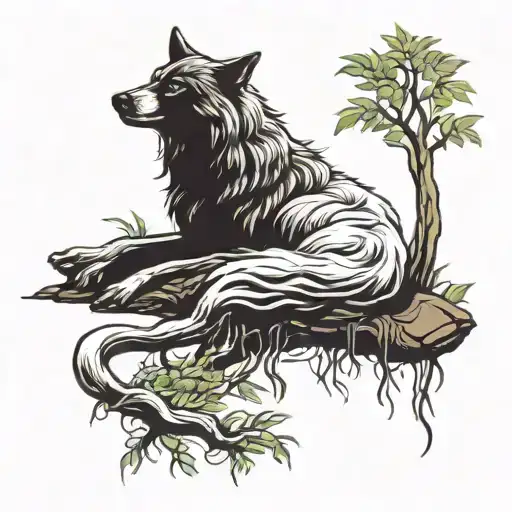 Victorious Wolf Lying At The Base Of A Willow Tree