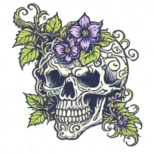 Skull Grape Vines And Flowers Growing Out Of It