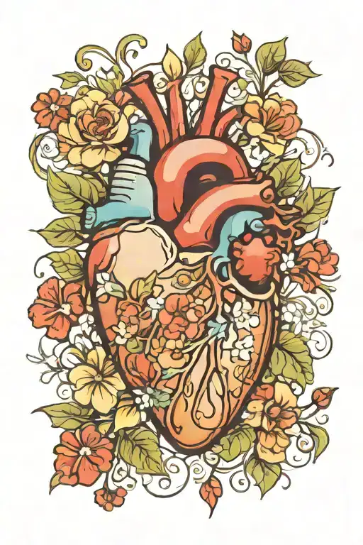 Anatomical Heart Surrounded By Flowers