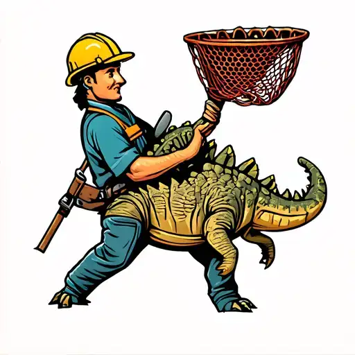 A New-school Design Of A Construction Worker Holding A Fishing Net Filled With Ankylosaurus Fossils