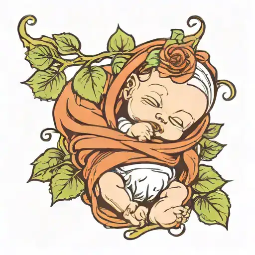 A New-school Style Tattoo Of A Baby Wrapped In A Rose Vine Blanket