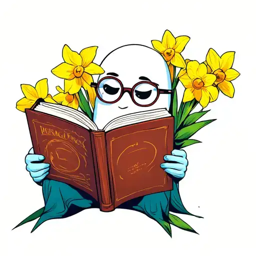 Ghostie Reading Book Wearing Glasses With Daffodils