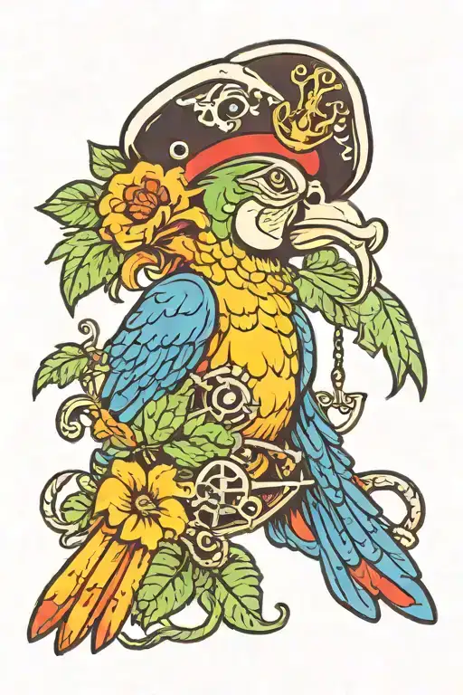 Parrot With Pirate Hat With Anchor And Flower Details Old School