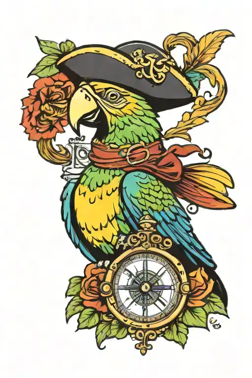 Parrot With Pirate Hat With Compass And Hourglass And Flower Details Old School