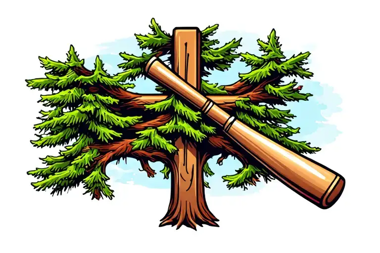 Baseball Bat Intertwined With A Cross Pine Trees Growing