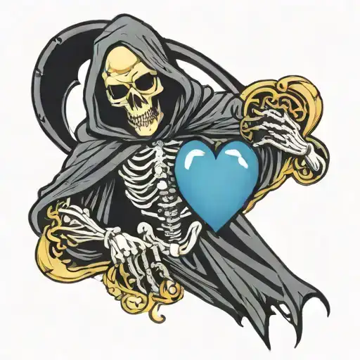 A New-school Style Grim Reaper Holding A Golden Heart With A Skull Face