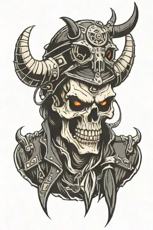 Biker Skull With Devil Horns On His Helmet