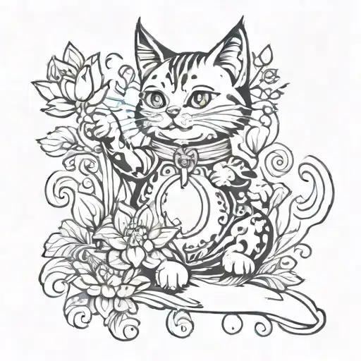 A New-school Design Of A Cat Playing With Lotus Petals