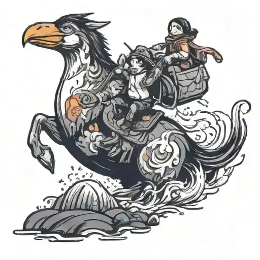 A Radiactive Peguin With A Princess Backpack Riding A Mutant Horse In A River Of Lava