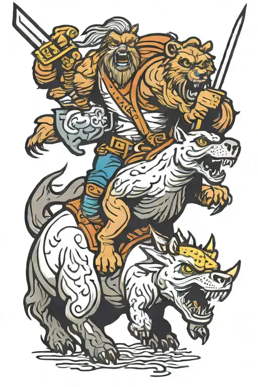 Grizzly Riding Unicorn Fighting Crabs With A Sword