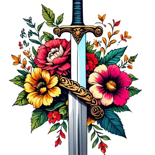 Collage American Classic Flowers Intertwined Wrapped Around Sword