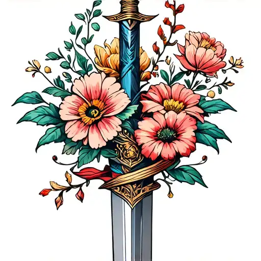 Collage American Traditional Flowers Intertwined Wrapped Around Dagger