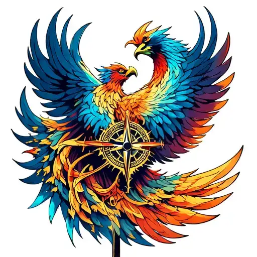 Rising Phoenix With Kaos Compass Rose Intertwined