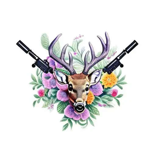 A Gun With Intricate Floral Patterns And A Deer Antler Handle
