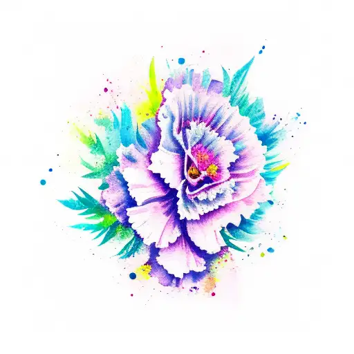 A Vibrant Watercolor Tattoo Of A Blooming Carnation Surrounded By Lush Greenery