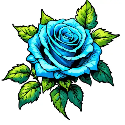 Blue Detailed Rose With Soft Shading And Green Leafs