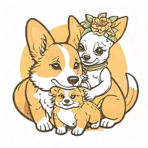 A Yellow-and-white Corgi With An Infant Human Chinese 1-Month Old Baby Girl
