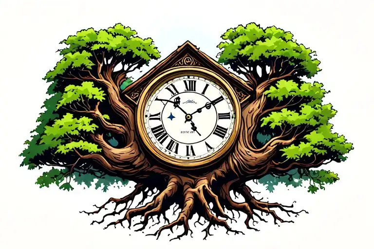 Grandfather Clock That Evolves Into Tree Roots Spread Wide Across