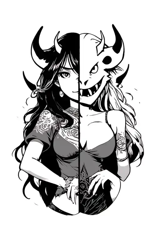Nami From One Piece With A Demon Oni Mask Split In Two Around Her