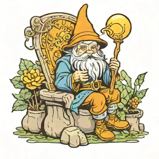 A Tarot Card With An Garden Gnome Like Wizard Sitting