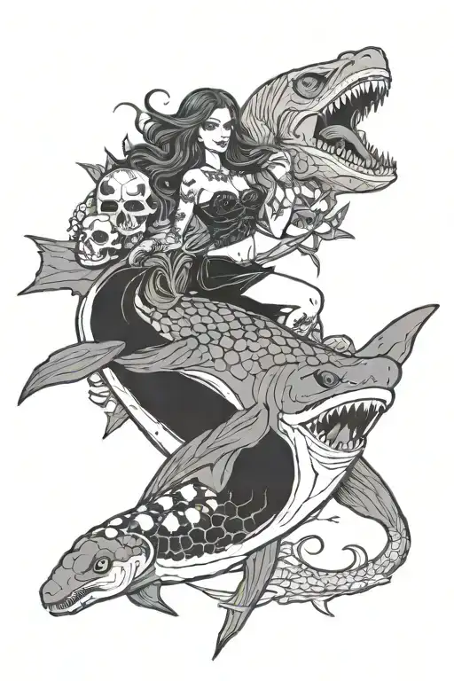 Goth Mermaid Riding A Skull Shark With A Sea Turtle And Other Skull Sea Creatures