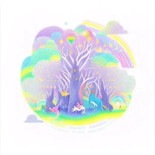 A Mystical Forest With Magical Creatures And A Rainbow In The Background