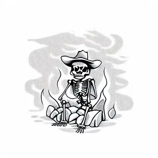 Cowboy Skeleton Sitting By Fire