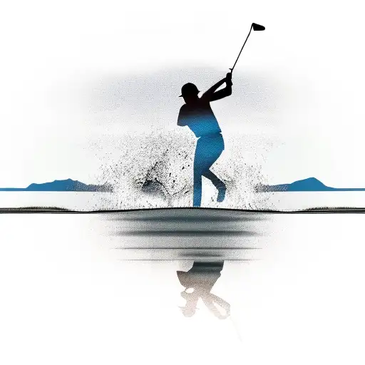 A Silhouette Of A Person Playing Golf On A Beach With Palm Trees And A Sunset In The Background