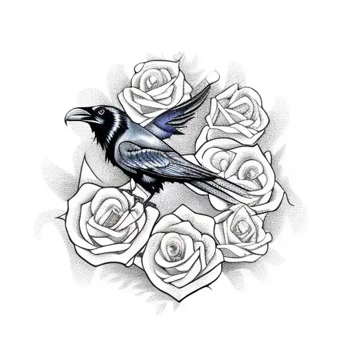 Raven With Open Wings And Rose
