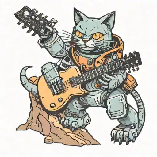 A Robotic Cat Playing A Guitar On A Mountain Peak