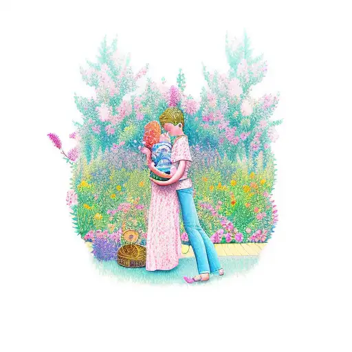 A Whimsical Illustration Of A Mother And Child Surrounded By A Vibrant Garden