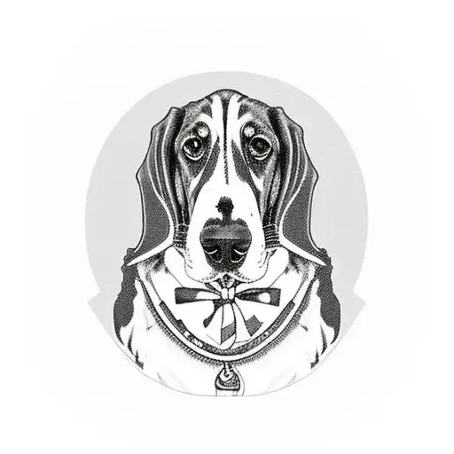 A Realistic Portrait Of A Basset Hound Wearing A Yugioh-themed Collar