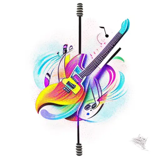 A Tattoo Of A Guitar With Vibrant Colors And Musical Notes Surrounding It