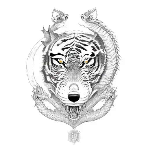 Dragon Protecting A Wolf And A Tiger