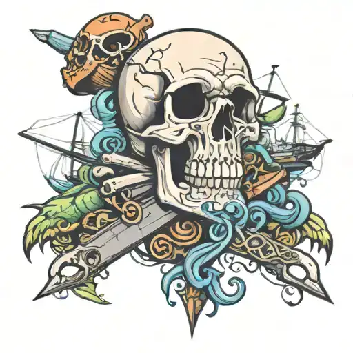 A Skull Adorned With Sea Creatures And Boat Building Tools