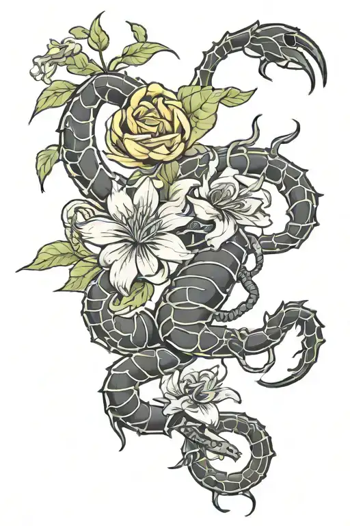 Black Oriental Tatto And Scorpion With Flower