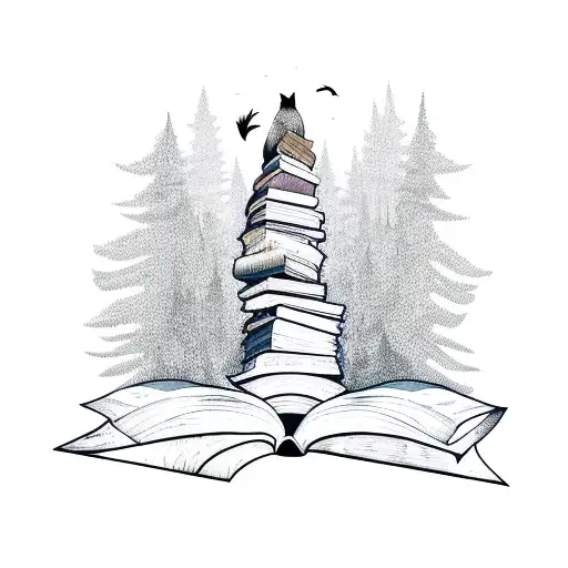 A Stack Of Books In A Forest Protected By A Wolf And A Raven