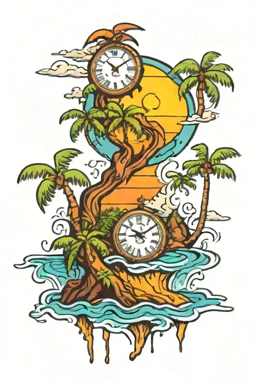 A Clock Melting Into A Tropical Island Sunset With Italian Symbols For Luck Embedded In The Scenery