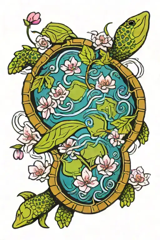 Cherry Blossoms And Turtle Swimming Gracefully