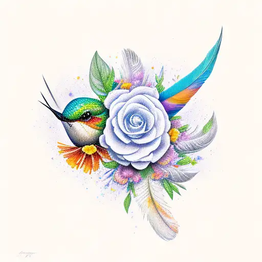 A New-school Design Incorporating Marigold Flowers And Hummingbird Feathers