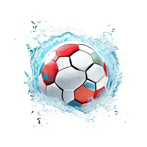 A Football And Soccer Ball Fused Together With Waves Crashing Around Them