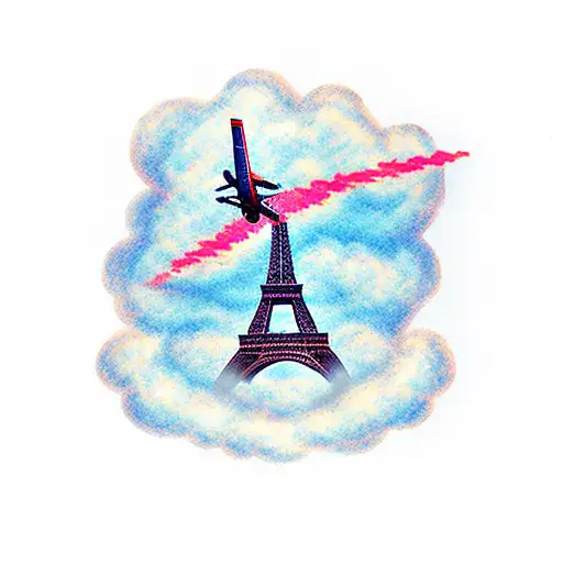 Eiffel Tower With A Plane Flying Through A Cloud In The Background