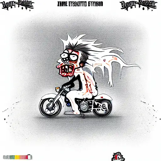 Cartoon Style Zombie Einstein Riding A Harley Davidson Motorcycle In Color