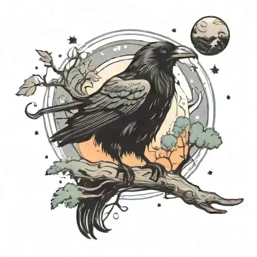 Black Raven And Forest Smoothly Transitioning To The Starry Sky With Planets And Nebulae