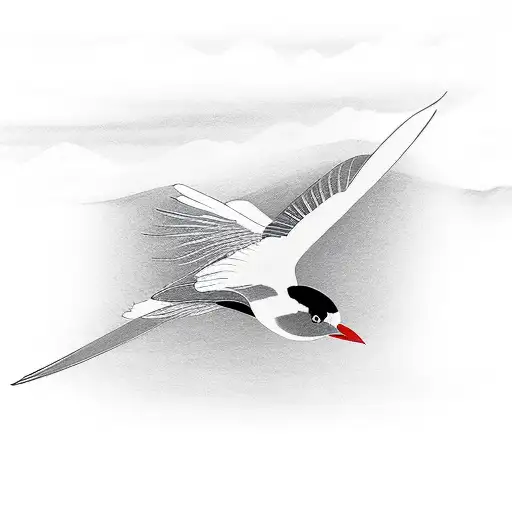 A Minimalist Japanese Painting Of A Bird In Flight Over A Mountain Range