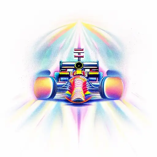 A Dynamic And Colorful Tattoo Of A Formula One Race Car Speeding Through A Winding Track