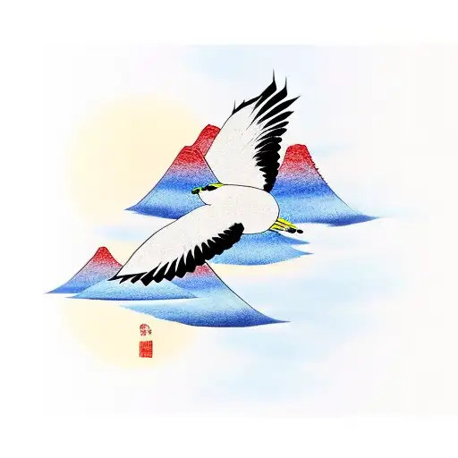 A Minimalist Japanese Painting Of A Bird In Flight Over A Mountain Range