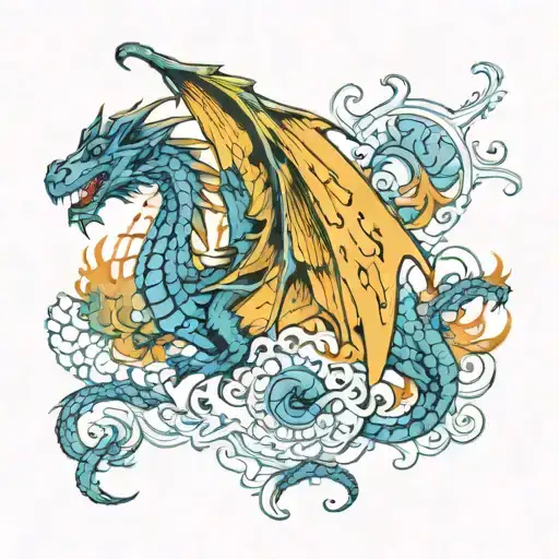 A Flying Dragon Surrounded By Blue Watercolor Designs