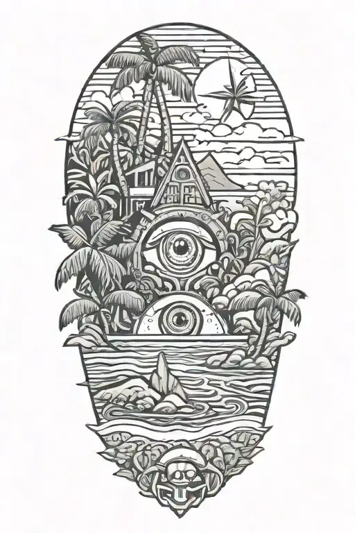 A Tropical Beach Landscape With A Hidden Third Eye Symbol Integrated Into The Scenery